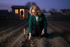 Жінка садить часник на грядці під час сімейного конфлікту — психологічне насильство та вибір себе на