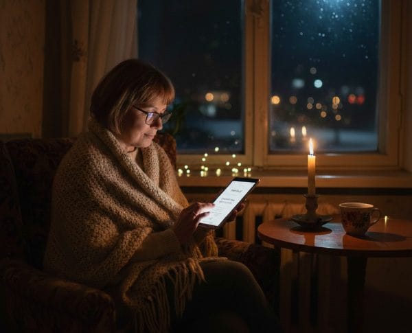 Жінка при свічці читає жіночі історії про життя на смартфоні