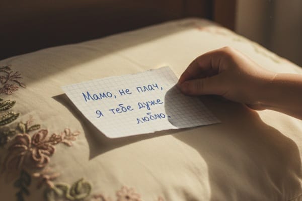 жіноча рука бере на подушці записку в клітинку з написом синьою ручкою: «Мамо, не плач, я тебе дуже люблю».