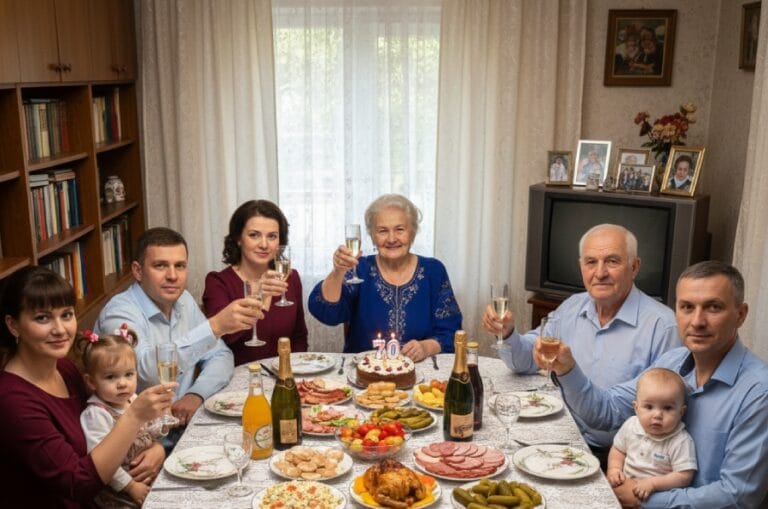 Сім'я за столом святкує 70-річчя мами — конфлікт у родині через гроші: токсична мати маніпулює сином, вимагаючи банкет, невістка захищає кордони сім'ї.