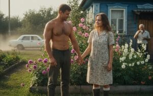 Чоловік у робочому одязі тримає дівчину за руку в сільському саду, на землі лежить букет троянд у целофані, як обрати чоловіка для щасливого життя.