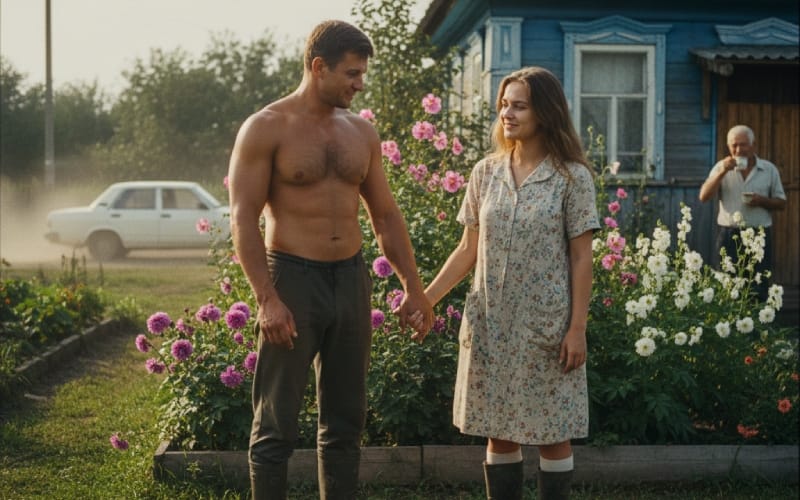 Чоловік у робочому одязі тримає дівчину за руку в сільському саду, на землі лежить букет троянд у целофані, як обрати чоловіка для щасливого життя.