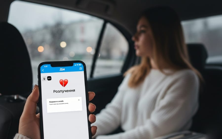 Інтерфейс застосунку Дія на смартфоні з розділом розірвання шлюбу на фоні жінки з валізою в таксі.