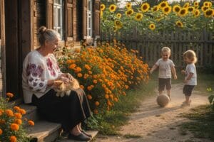 Жінка сидить на ґанку затишної батьківської хати в селі, посміхаючись онукам, які граються в саду — ілюстрація до статті про сімейні цінності та догляд за батьками.