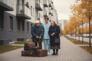 Медсестра веде літніх батьків з валізами геть від будинку, де вони втратили все майно через зраду сина; драматична сцена виселення, що ілюструє сімейний конфлікт через спадок.