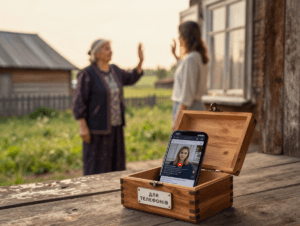 Дерев'яна скринька для телефонів на ганку, смартфон із відкритим ютуб та зустріч матері з донькою