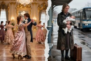 Колаж із ефектом розірваного паперу: ліворуч — розкішний бал у стилі серіалу Бріджертони з парою в історичних костюмах, праворуч — сувора реальність, де виснажена жінка з немовлям на руках стоїть на сірому автовокзалі зі старою валізою.