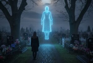 Дерева на цвинтарі, що хитаються від невидимого вітру, силует жінки на тлі могил, містика.