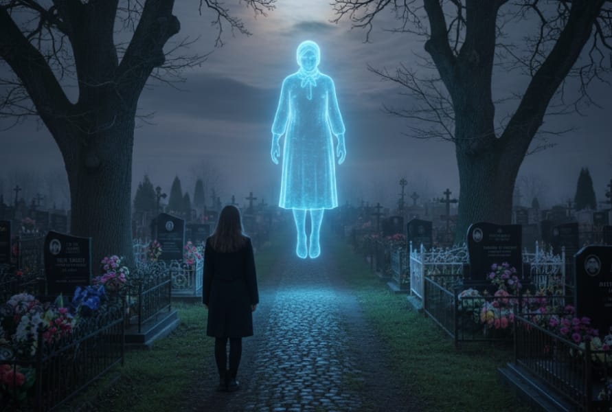 Дерева на цвинтарі, що хитаються від невидимого вітру, силует жінки на тлі могил, містика.