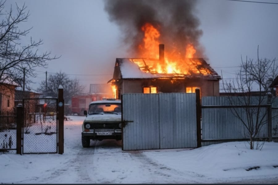 Палаючий будинок у селі взимку, пожежна машина біля колодязя та заблоковані ворота — ілюстрація до статті про межі з сусідами