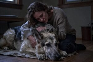 Жінка обіймає стару німецьку вівчарку, намагаючись врятувати її від смерті; емоційна сцена в бідній кімнаті, що ілюструє силу волі та бажання врятувати життя вірного друга.
