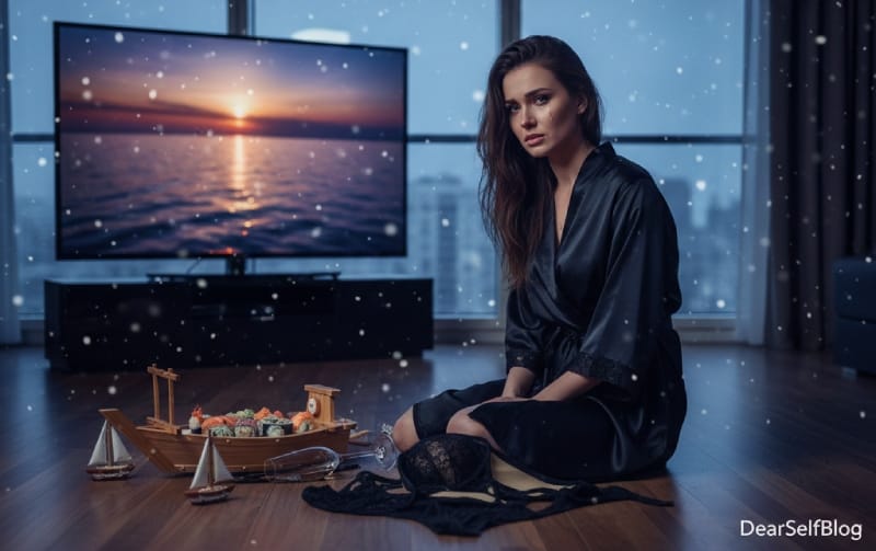 Дівчина у шовковому халаті сидить на підлозі біля розірваної мереживної білизни, на фоні телевізора з морем та панорамного вікна з хуртовиною — ілюстрація до статті про ціну ілюзій у стосунках.