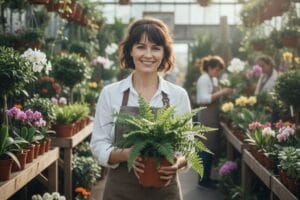 Щаслива Люба у своїй квітковій майстерні серед вазонів та зелені, сонячне світло, професійне фото.