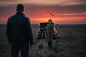 Силуети чоловіка та жінки в полі на заході сонця, між ними автомобіль з відчиненим багажником та лопата — сцена домашнього насильства та погрози.