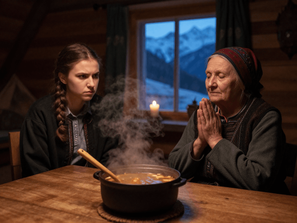 Драматична сцена в гірській хаті на Великий піст 2026: невістка та свекруха за столом біля чавунця з юшкою.