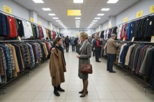 Жінка в секонд-хенді тримає якісне вовняне пальто під час емоційного конфлікту з колегою — тема покупки в секонд-хенді та соціальний тиск.