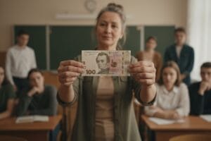 Вчителька показує учням зім'яту купюру 100 гривень як символ внутрішньої самоцінності людини.