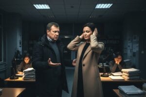 Жінка в офісі ввечері слухає претензії чоловіка - ілюстрація до теми безпідставні ревнощі в шлюбі та сімейна психотерапія.