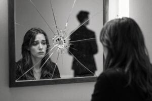 Чорно-біле фото жінки, яка дивиться у розбите дзеркало, що символізує знецінення у стосунку та втрату самооцінки.