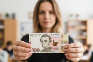 Вчителька показує учням зім'яту купюру 100 гривень як символ внутрішньої самоцінності людини.