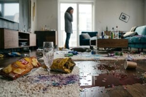 Залишки гулянки на підлозі та силует жінки, яка плаче через те, що родичі користуються моєю добротою.