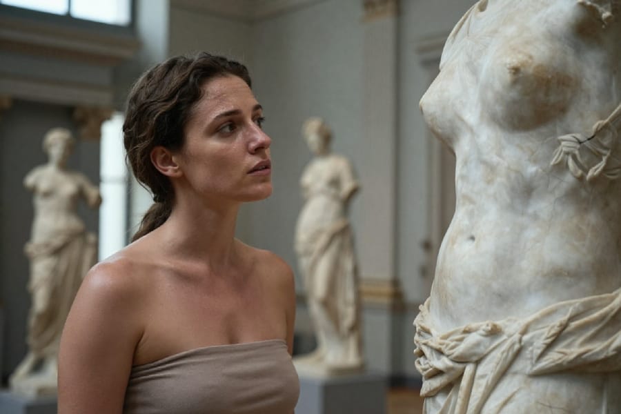 Жінка розглядає статую Афродити в музеї, усвідомлюючи свою красу і прийняття себе.