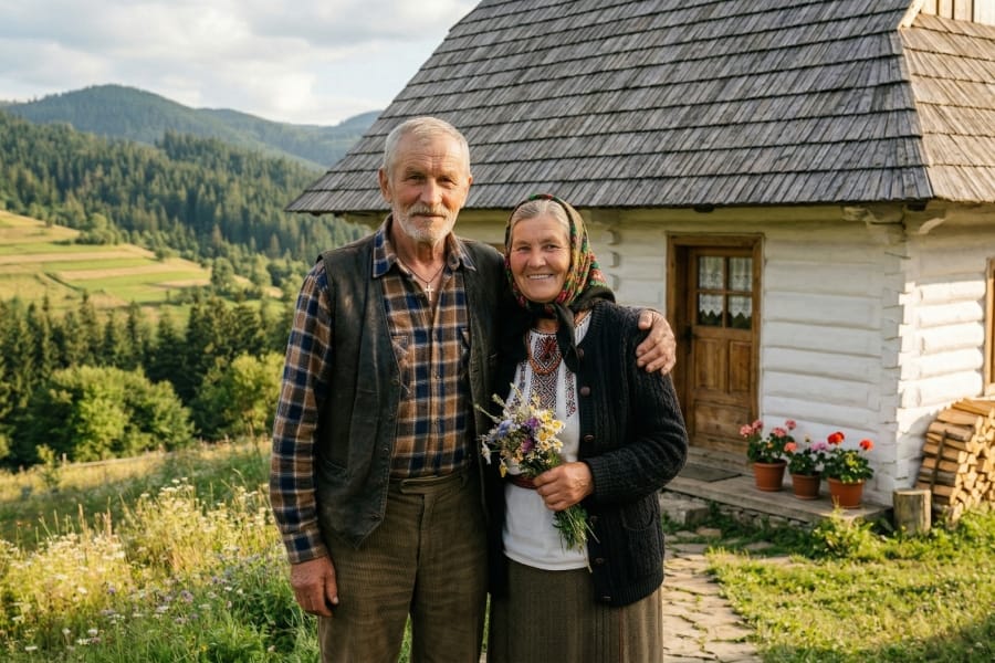 літні чоловік та дружина, старенькі батьки, стоять в обіймах на фоні своєї нової скромної, але чистої білої хатки в Карпатах після того, як рідний син вигнав батьків з квартири.