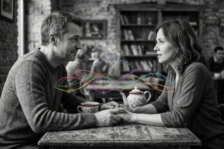Секрети щасливих пар: чорно-біле фото чоловіка та жінки в кафе, де 8 кольорових ниток символізують правила близькості та психологію стосунків.