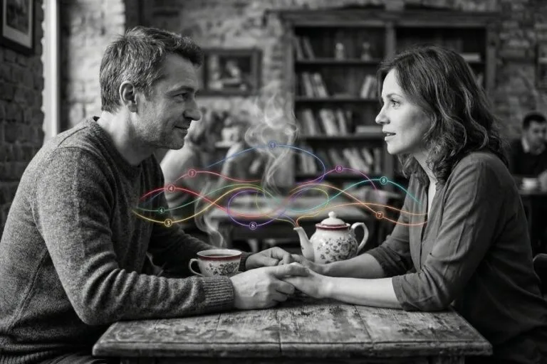 Секрети щасливих пар: чорно-біле фото чоловіка та жінки в кафе, де 8 кольорових ниток символізують правила близькості та психологію стосунків.