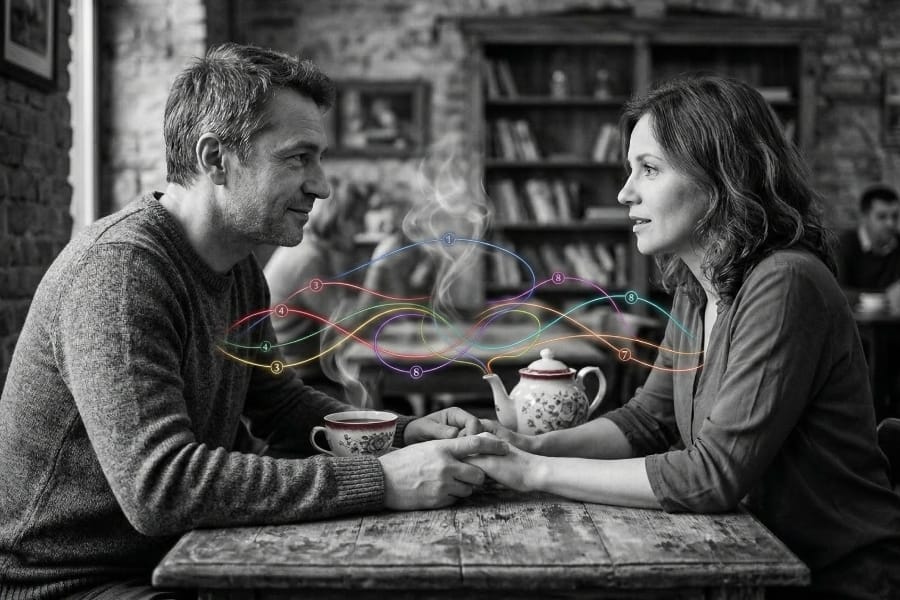 Секрети щасливих пар: чорно-біле фото чоловіка та жінки в кафе, де 8 кольорових ниток символізують правила близькості та психологію стосунків.