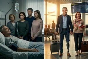 Чоловік на протезі та жінка в аеропорту — символ перемоги над зрадою та обставинами.