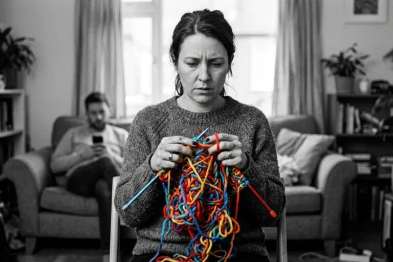 Утомлена жінка розплутує клубок різнокольорових ниток на фоні байдужого чоловіка з телефоном. Метафора незрілих стосунків та ролі мами в парі.