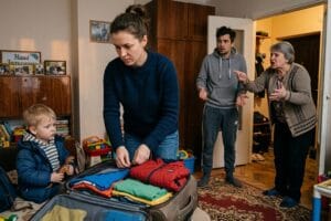 Невістка рішуче пакує валізу чоловіка та дитини на тлі шокованої свекрухи
