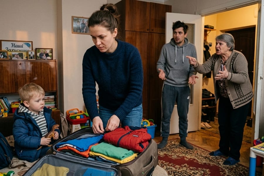 Невістка рішуче пакує валізу чоловіка та дитини на тлі шокованої свекрухи