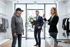 Стилізоване зображення вітрини бутика з манекенами у вишуканому вбранні, що ілюструє ідею «зустрічають по одягу» через плинні форми та розкішні текстури.