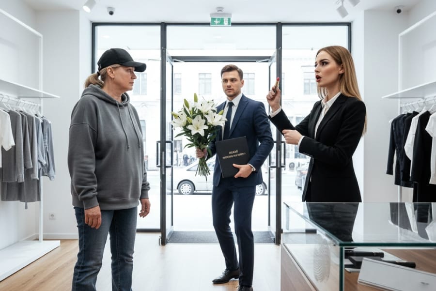 Стилізоване зображення вітрини бутика з манекенами у вишуканому вбранні, що ілюструє ідею «зустрічають по одягу» через плинні форми та розкішні текстури.