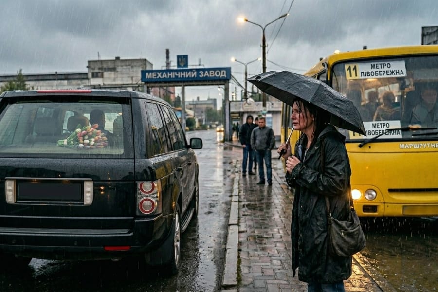 Подруга із бухгалтерії проводжає поглядом іншу в машині, стоячи під дощем на зупинці