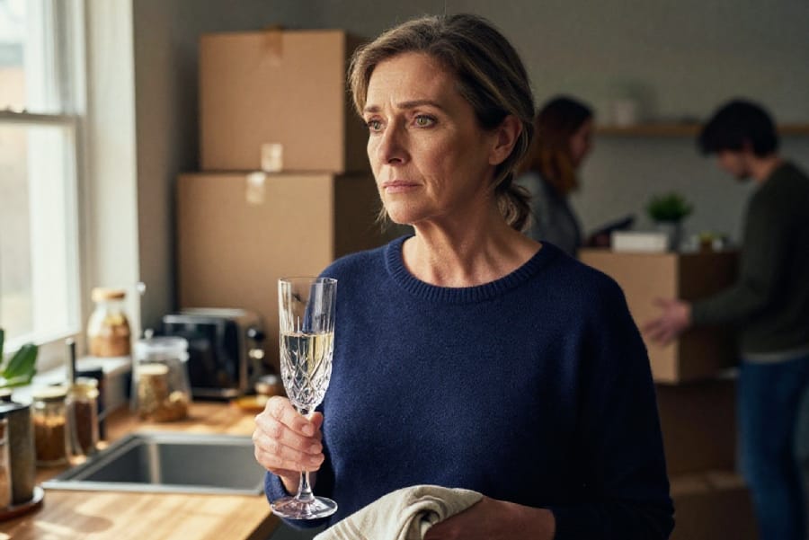 жінка з кришталевим келихом згадує історію, як її подруга-вампір маніпулювала нею 30 років, на тлі напруженої розмови про меблі.