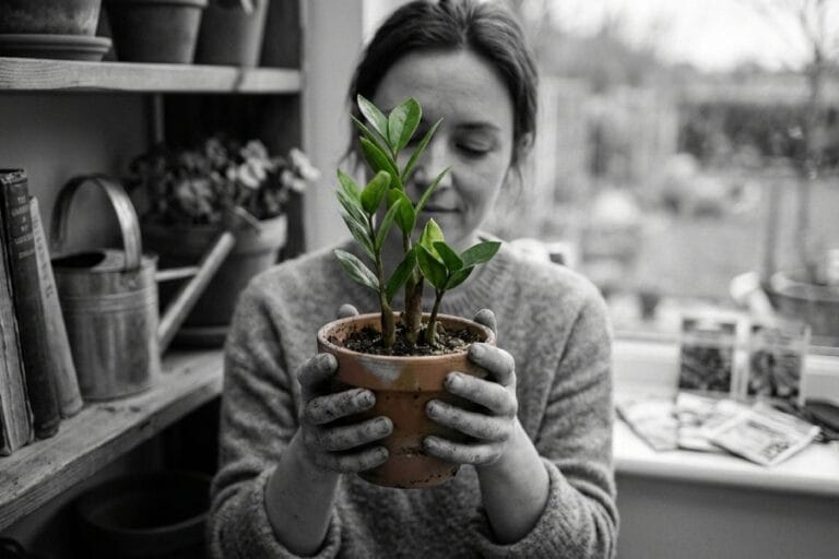 Чорно-біле фото жінки, яка з ніжністю тримає горщик із яскраво-зеленим заміокулькасом. Контраст кольорової рослини та монохромного фону підкреслює заспокійливий ефект садівництва.