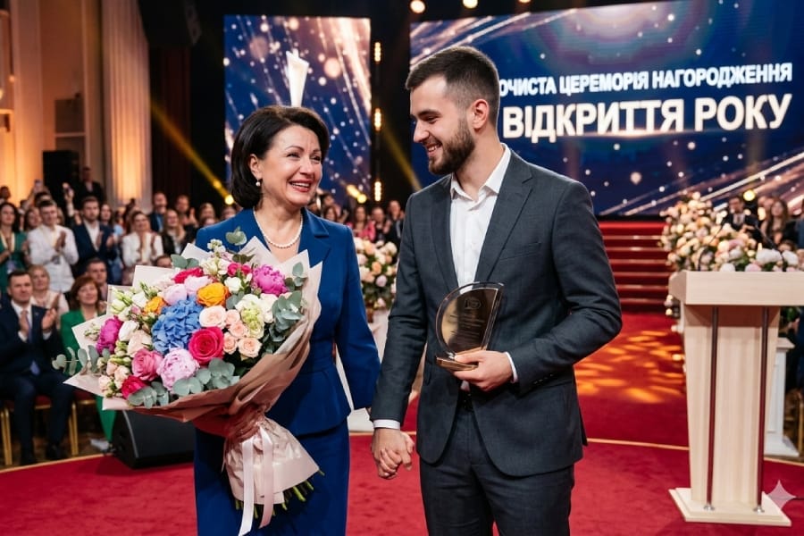 Зрада власних мрій та несподіваний тріумф: елегантна вчителька з великим букетом квітів на сцені поруч із колишнім учнем.