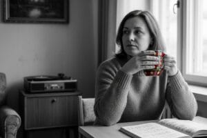 Чорно-біле фото жінки з кольоровою чашкою, що символізує подолання проблеми, відомої як синдром відкладеного життя