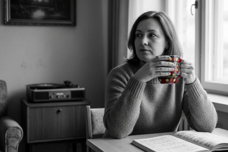 Чорно-біле фото жінки з кольоровою чашкою, що символізує подолання проблеми, відомої як синдром відкладеного життя