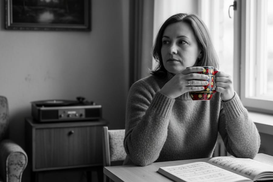 Чорно-біле фото жінки з кольоровою чашкою, що символізує подолання проблеми, відомої як синдром відкладеного життя