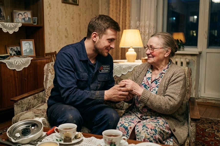 Молодий майстер з ремонту техніки маніпулює літньою жінкою в її квартирі, зрада з сусідкою