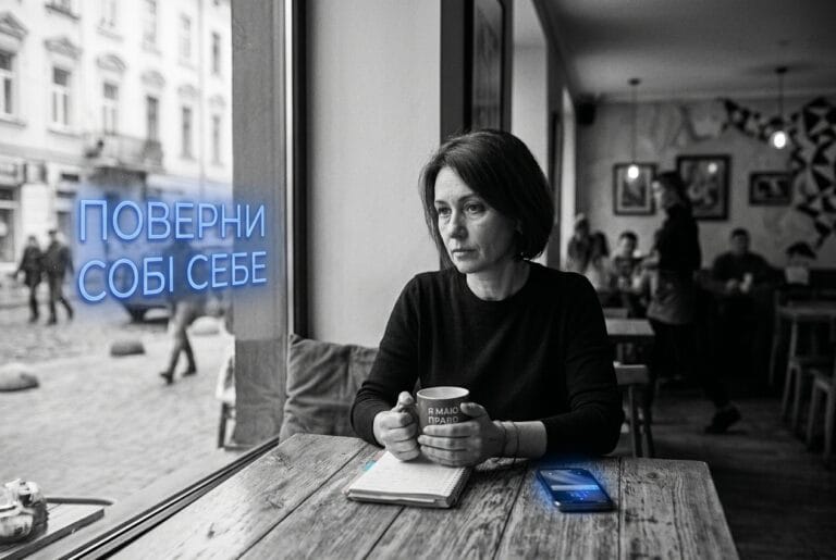 Жінка задумливо сидить у кафе з чашкою, на склі неон "Поверни собі себе" — ілюстрація до статті про те, як підняти самооцінку жінці.