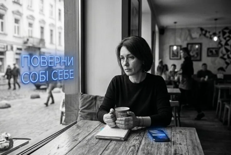 Жінка задумливо сидить у кафе з чашкою, на склі неон "Поверни собі себе" — ілюстрація до статті про те, як підняти самооцінку жінці.