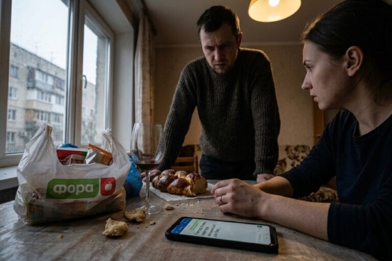 Пакет із Фори на столі поруч із розламаним хлібом, у напівтемряві світиться екран телефону з фальшивим чатом.