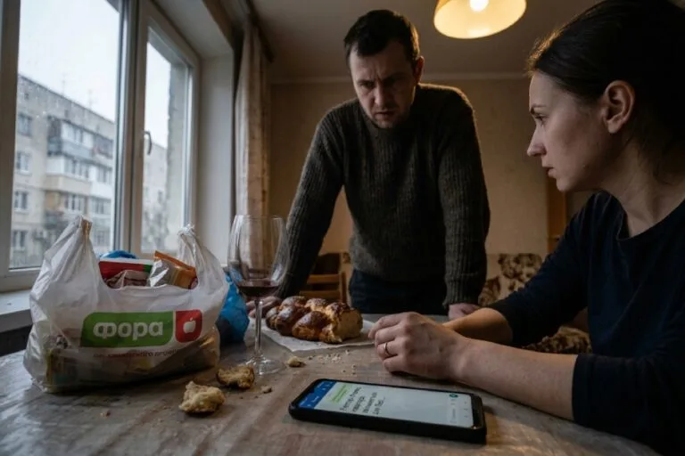 Пакет із Фори на столі поруч із розламаним хлібом, у напівтемряві світиться екран телефону з фальшивим чатом.